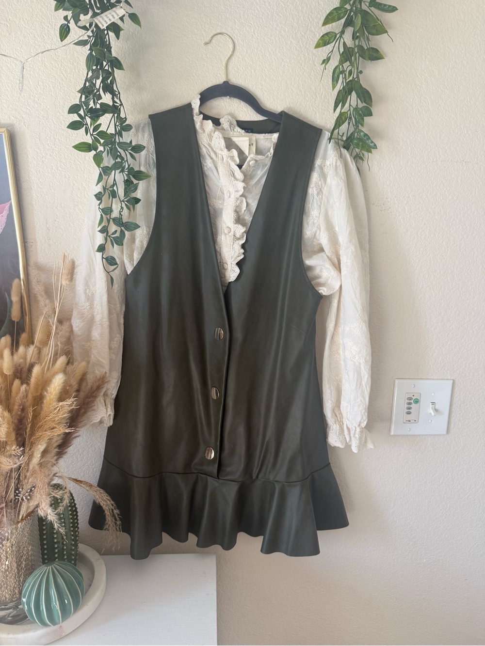 Zara Dark Green Faux Leather Peplum Button Vest